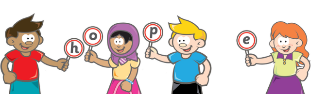 Four cartoon children holding letters: 'h', 'o', 'p', 'e' (spelling 'hope').