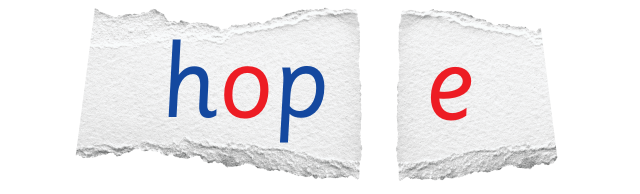 Torn piece of paper on the left with the word 'hop' in blue letters, except the 'o' is red. Another smaller torn piece of paper on the right with a single red letter 'e'.
