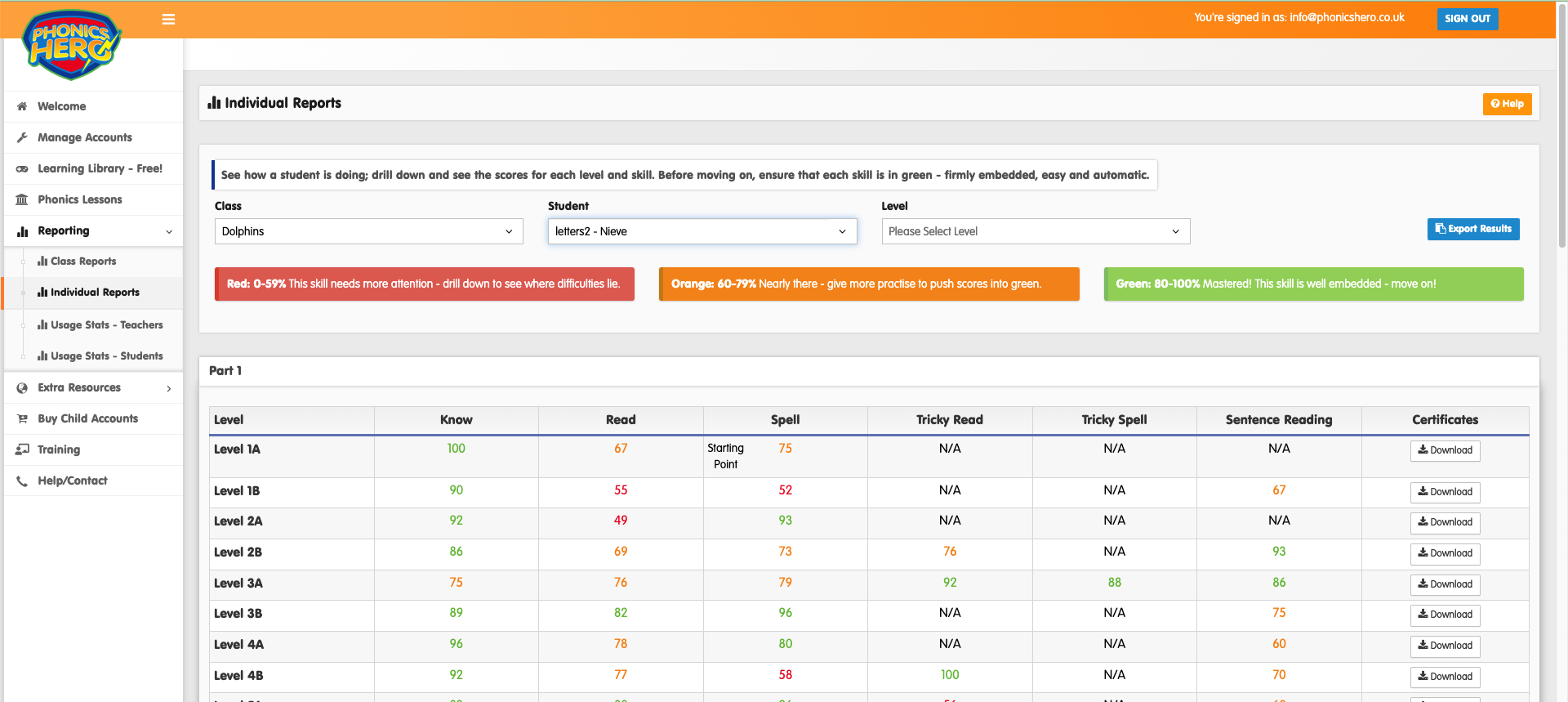 screenshot of the reporting page