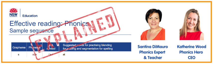 Photo of the the text NSW Education Effective reading: Phonics Sample sequence and table of graphemes, phonemes and corresponding words to be taught covered by an image of the word 'explained' in red text. Next to this text and image is a photo of Santina DiMauro followed by the caption 'Phonics Expert & Teacher' followed by a photo of Katherine Wood and the caption 'Phonics Hero CEO'