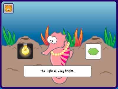 Phonics Hero game example targeting the /igh/ sound and highlighting the tricky words