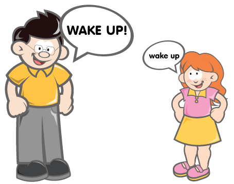 A dad shouting out a sentence and a child whispering it back to him