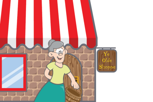 Woman in yellow shirt and green skirt standing by brick shop with red striped awning and 'Ye Olde Shoppe' sign.