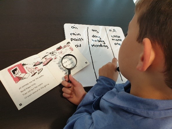 An image of a boy holding a magnifying glass over his phonics book to help him find words. Then, he writes the newly found words on a whiteboard with a board marker.
