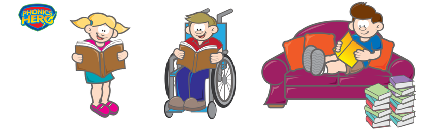 Three different cartoon children reading books