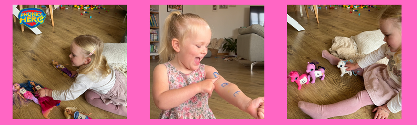 a girl learning to blend with toys and face paint letters