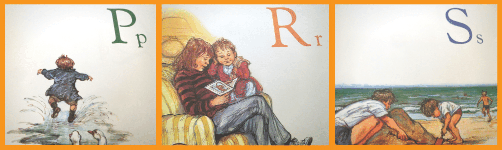 Image with book illustrations of Upper and lower case letters P, R, S