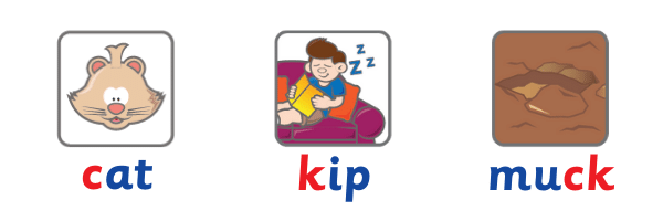 image of words 'cat', 'kip' and 'muck'