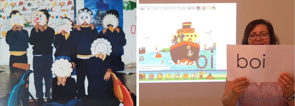 Two images side by side -  the left, are students in a classroom with white paper masks over their faces. On the right, a teacher holds a white paper with 'boi' written on it and behind her is a projector with colourful images.