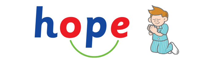 the split digraph word 'hope' with a praying boy beside it.
