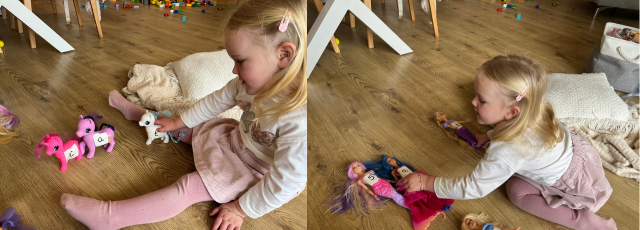 A child with 3 toys, each with a sound sticker on them, blending the sounds together as the toys are lined up.