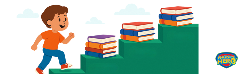 child climbing up stairs with books on each step