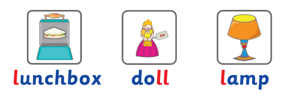 An image with three pictures - the left picture is a blue lunchbox with a sandwich on a grey background with the word lunch box below. The alphabets except the letter 'l' are blue  while 'l' is in red. The picture in the center is a doll with a price tag on it with the word 'doll' below. The letters - 'd & o' are in blue and the double 'l' are in red. The right picture is a yellow and blue lamp with the word 'lamp' below, 'l' is the only letter in red and the letters 'amp' are blue