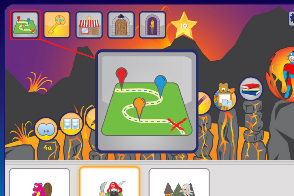 screenshot of the Phonics Hero game play screen. A red square frames the a button with a map icon in the upper left hand corner which is shown in the center of the screenshot, magnified 
