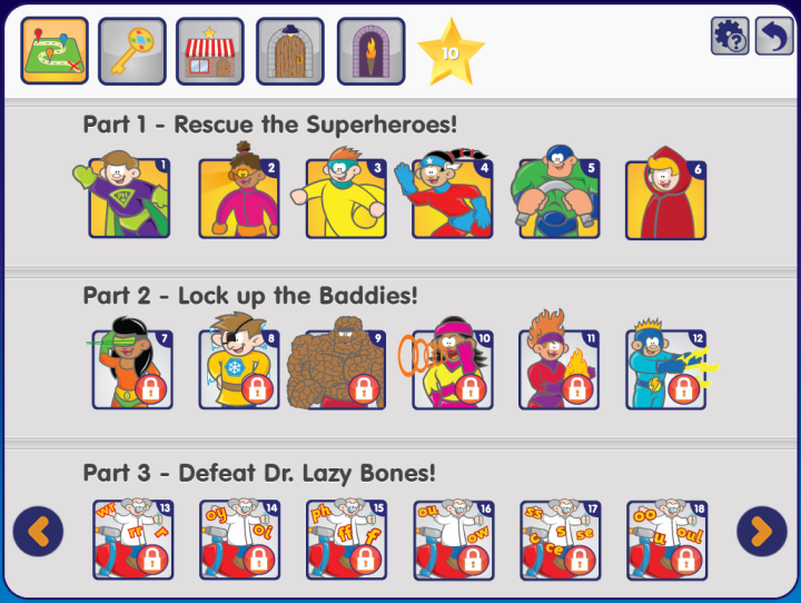 a screen shot of the level overview page - a series of image tiles numbered 1 through 26 with a character from each level