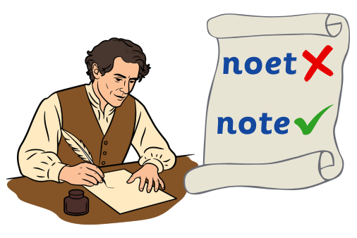 Man writing with quill pen beside scroll showing 'noet' with red X and 'note' with green checkmark.