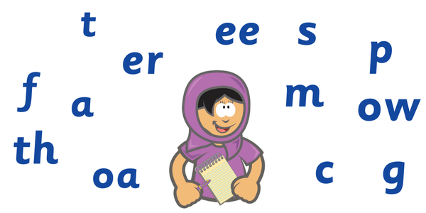 a student with floating phonemes around their head, learning the sounds and writing them down on paper