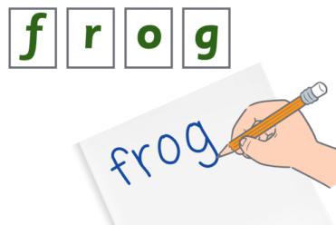 a student writing the word frog on paper, with each sound in frog shown in separate boxes above
