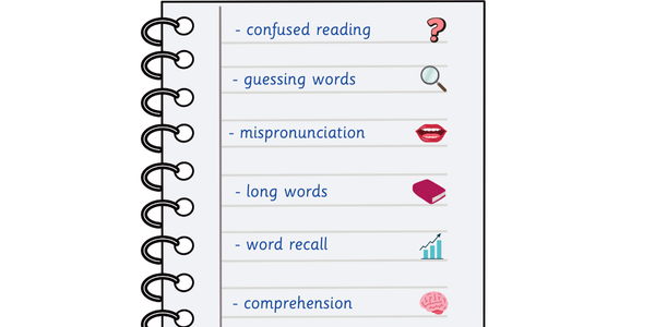 notepad with bullet points and icons to represent signs to look out for in older students' reading, such as confusion, guessing, mispronunciation, long words, recall and comprehension