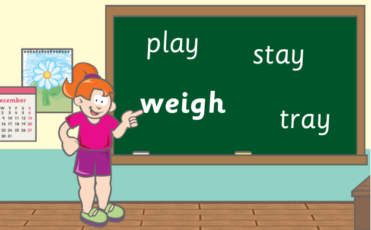 in a classroom, words are displayed on a blackboard; the word weigh is highlighted to show it's the odd one out, with a student pointing to it