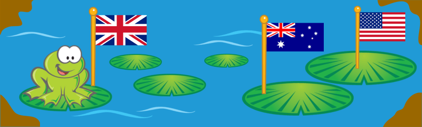 a frog crossing a pond from England to Australia and the US