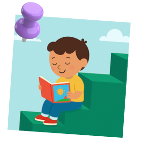 child on the first level with a picture book