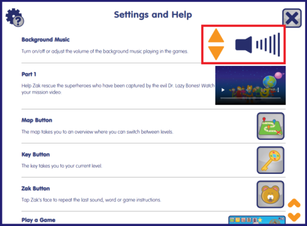 Volume adjustment controls in the Phonics Hero settings window