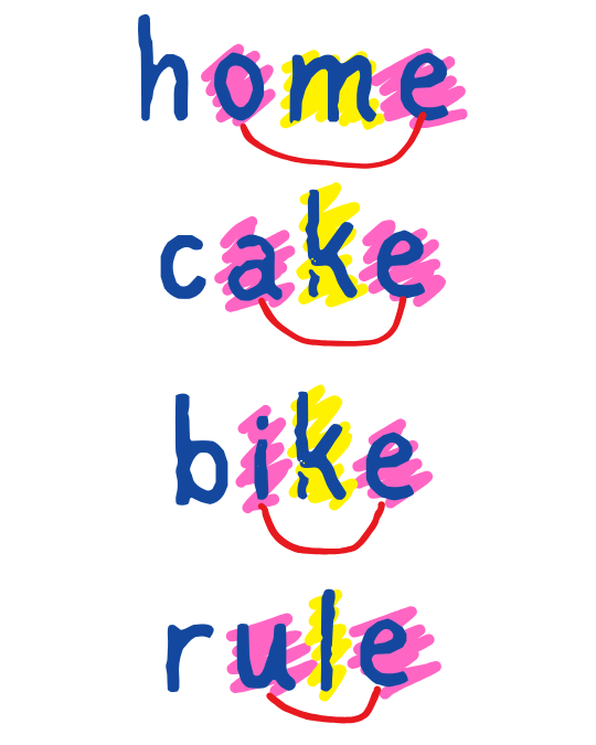Words home, cake, bike, rule with the split digraphs coloured in pink, the consonant splitter coloured another colour and a line between the splits.