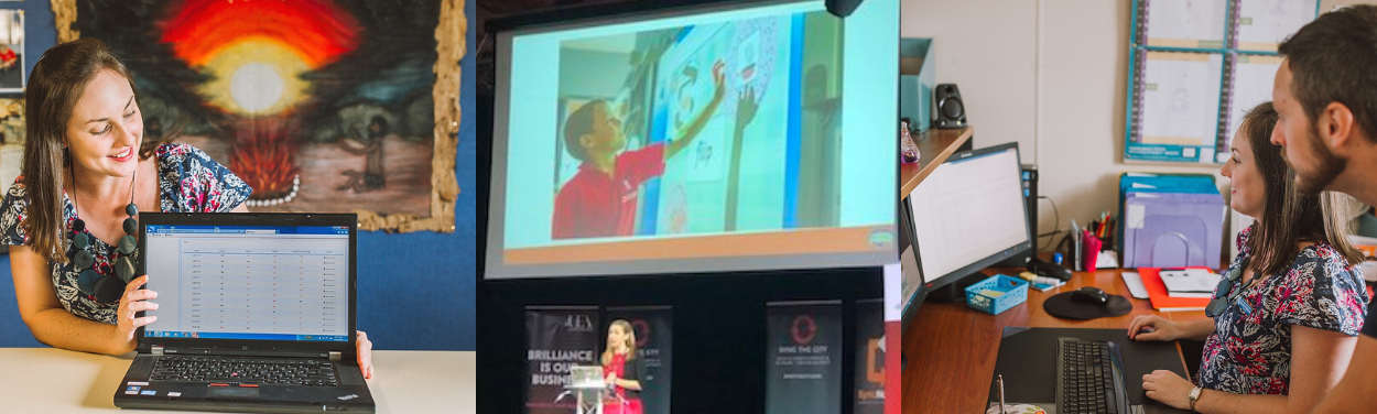 three images in a row. In the first, a woman sits behind a desk holding a laptop with the screen pointed toward the camaera. In the second, a woman stands onstage in front of a projector image of a child using an interactive whiteboard, and in the third a man and a woman look at a computer screen 