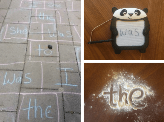 Write words in flour or foam, play Hopscotch or magnetic writing.