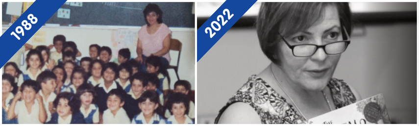 Two images side by side - on the left image is a teacher with her students with 1988 written on the top left corner in a blue banner. On the right image, is the same teacher in black and white with 2022 written on the top left corner in a blue banner. 