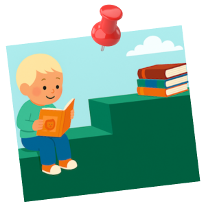 child on second level reading a more advanced book