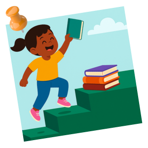 child celebrating on the final level with a book in hand
